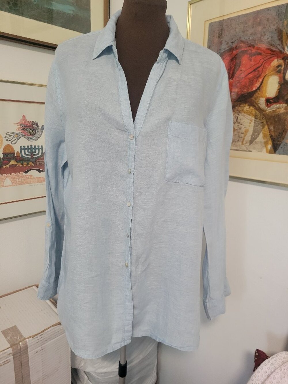 C & C California Light Blue 100% Linen Shirt Size L